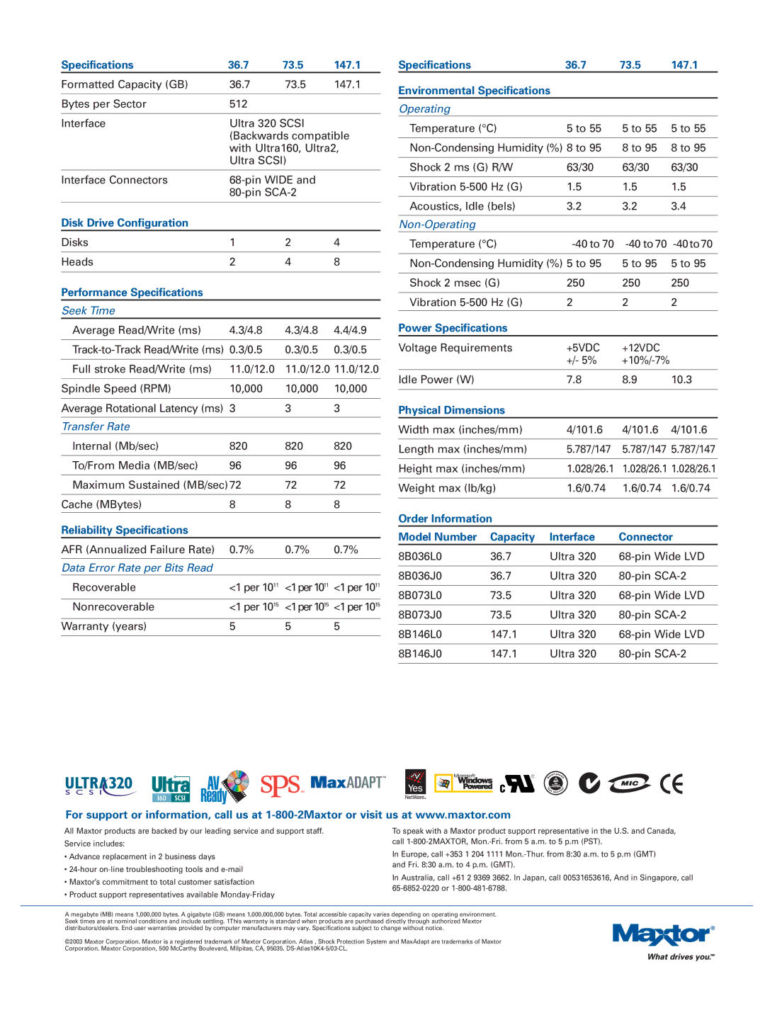 Maxtor 10K IV Specifications 36.7 73.5 147.1, Disk Drive Configuration, Performance Specifications, Power Specifications 