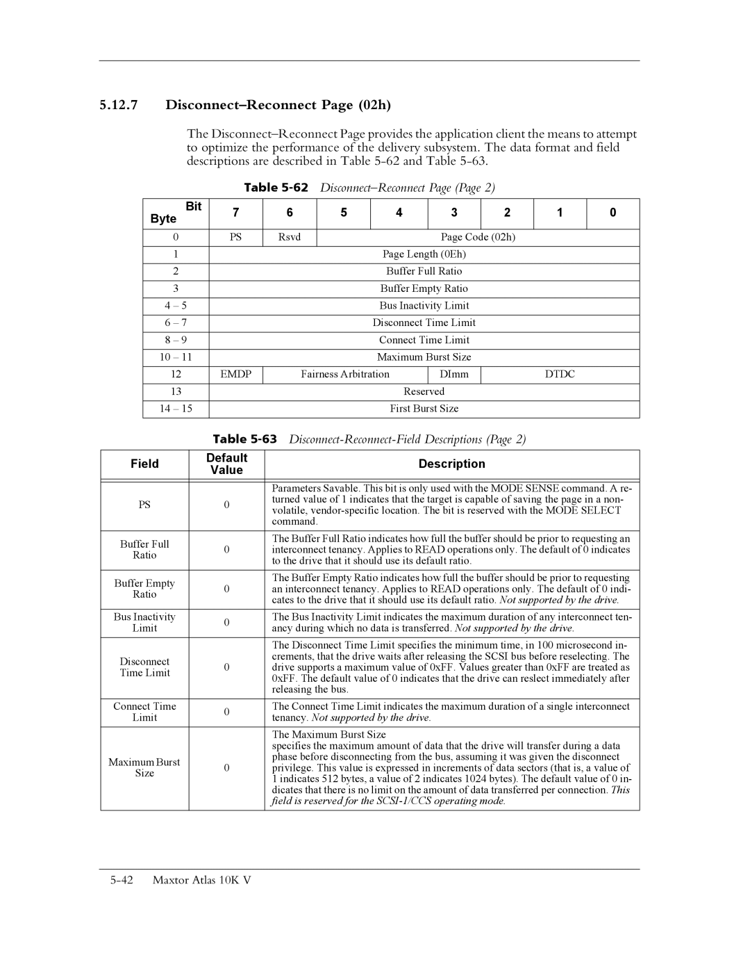 Maxtor 10K V manual Disconnect-Reconnect Page 02h, 62Disconnect-Reconnect, Disconnect-Reconnect-Field Descriptions 