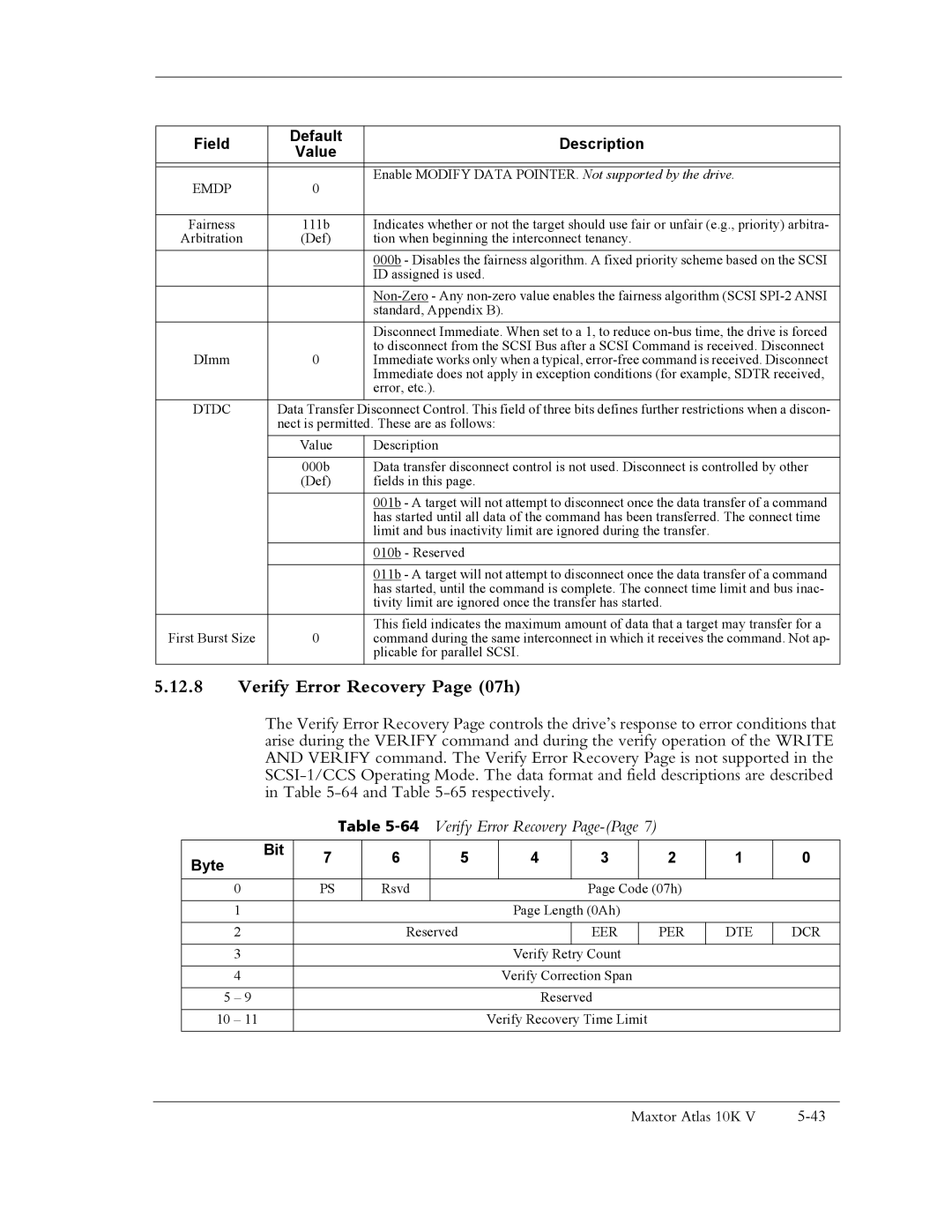 Maxtor 10K V manual Verify Error Recovery Page 07h, 64Verify Error Recovery Page-Page, Eer Per 