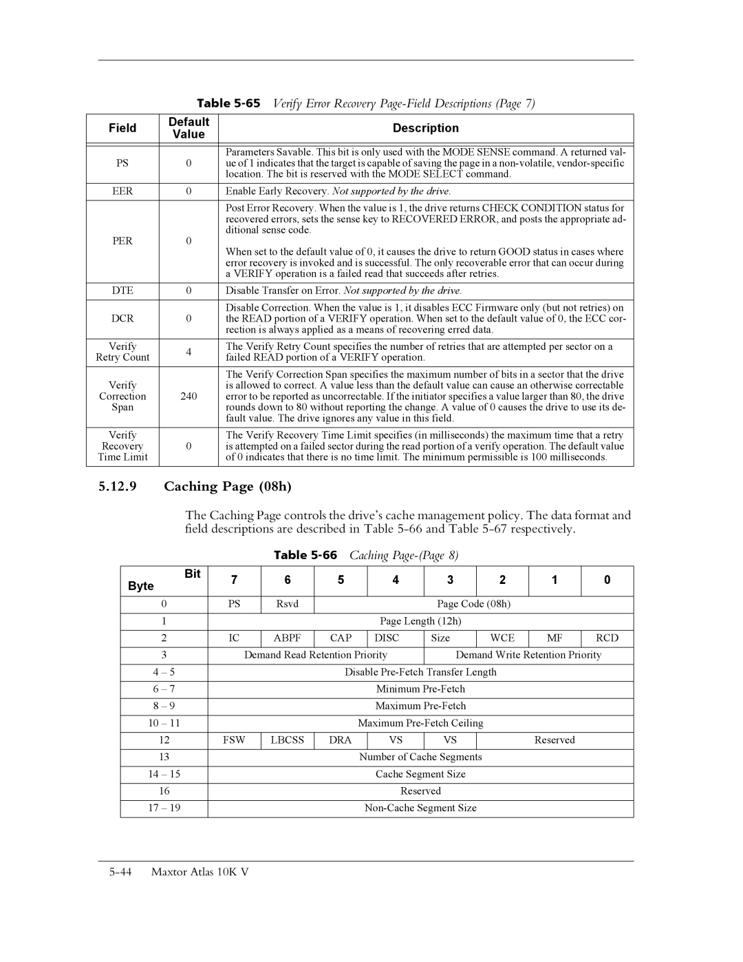 Maxtor 10K V manual Caching Page 08h, 65Verify Error Recovery Page-Field Descriptions, 66Caching Page-Page 