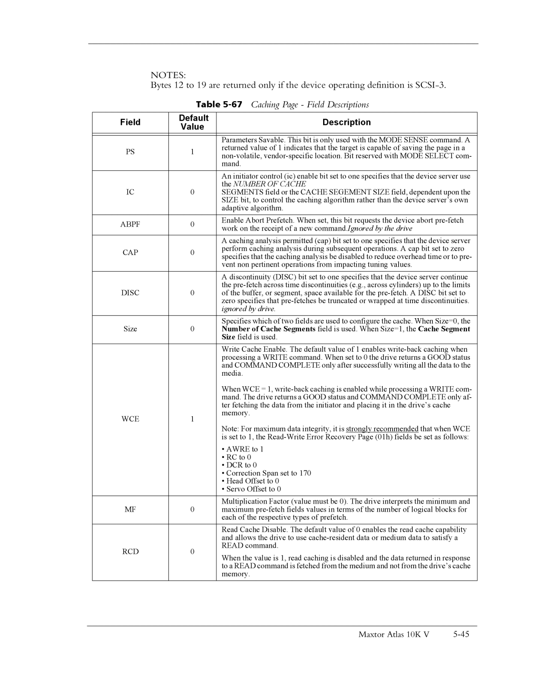 Maxtor 10K V manual 67Caching Page Field Descriptions, Wce 