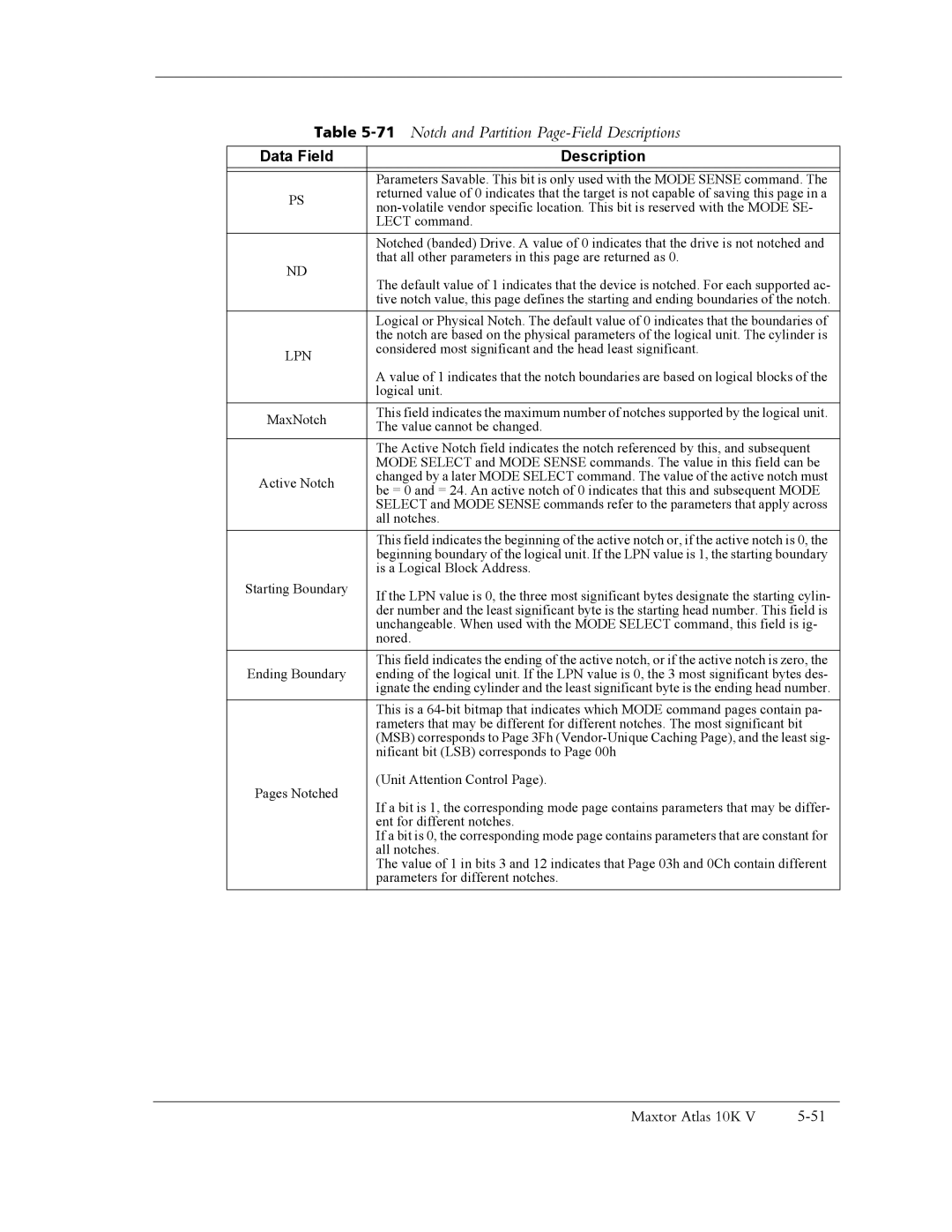 Maxtor 10K V manual 71Notch and Partition Page-Field Descriptions, Data Field Description 