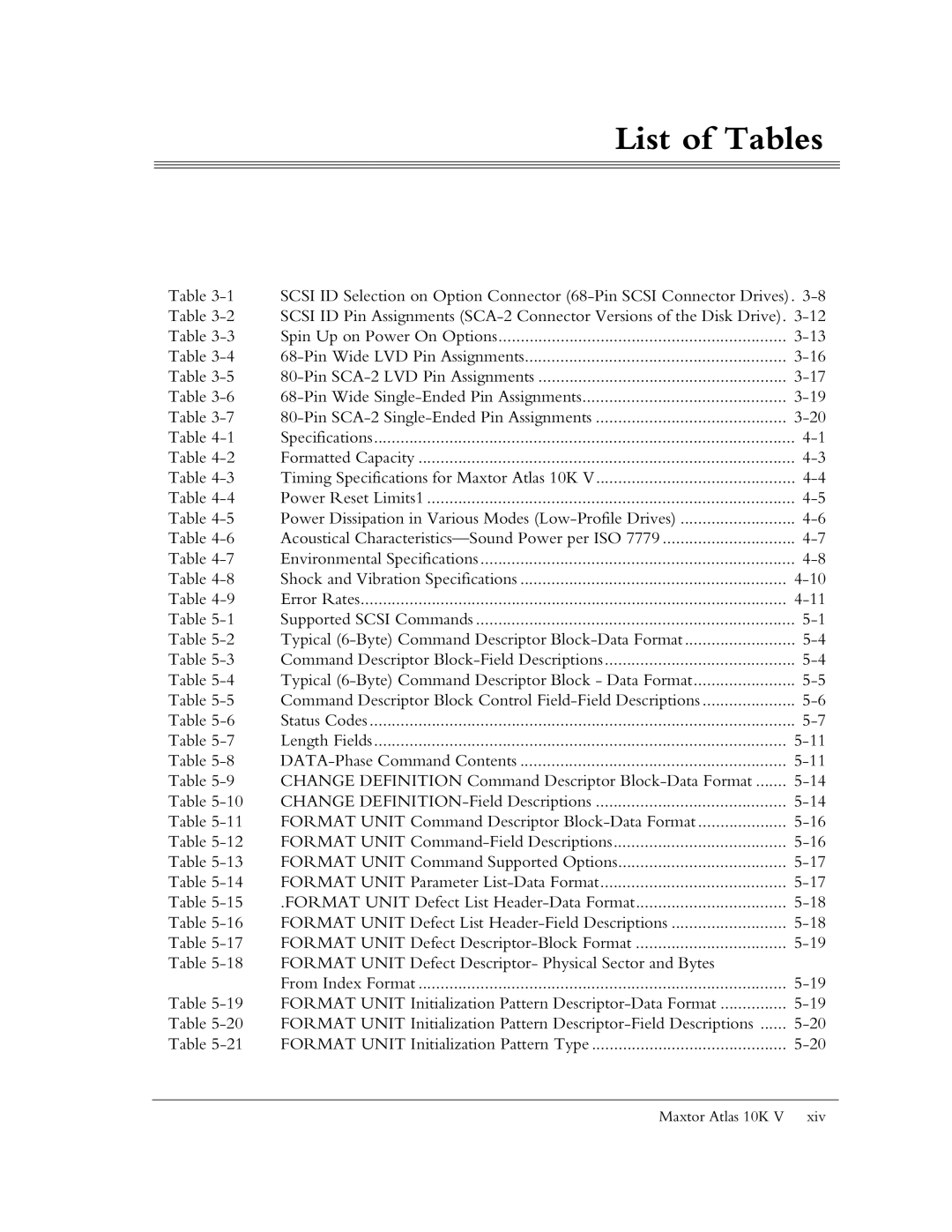 Maxtor 10K V manual List of Tables 