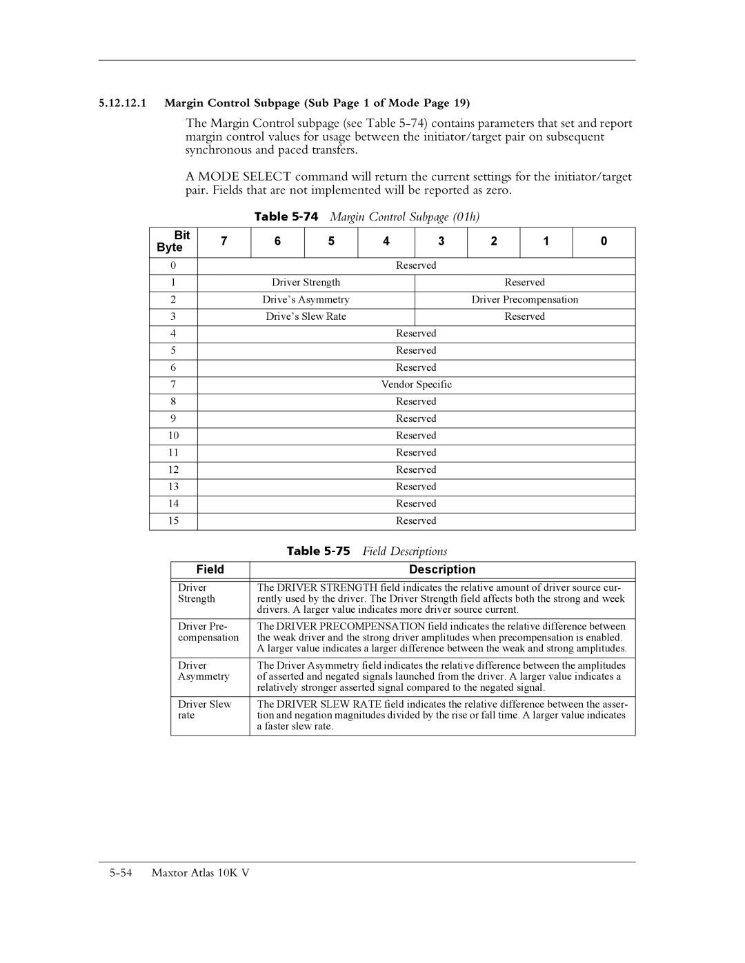 Maxtor 10K V manual 74Margin Control Subpage 01h, Field Descriptions 