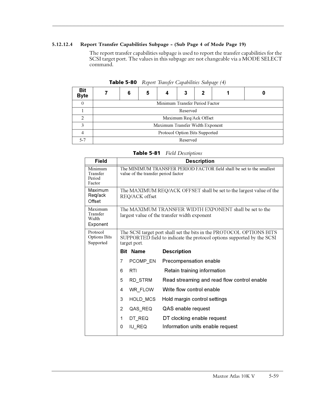 Maxtor 10K V manual 80Report Transfer Capabilities Subpage, Field Descriptions, Bit Name Description 