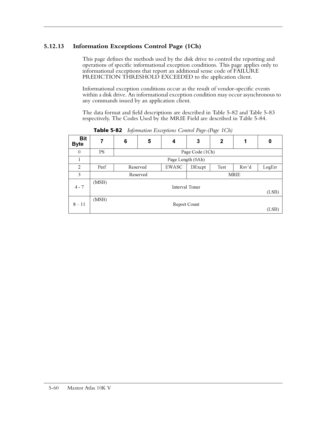 Maxtor 10K V Information Exceptions Control Page 1Ch, 82Information Exceptions Control Page-Page 1Ch, Ewasc, Mrie MSB 