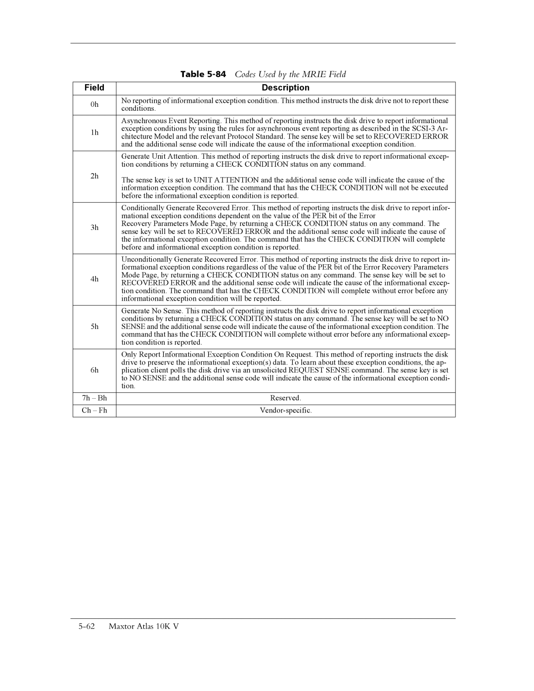 Maxtor 10K V manual 84Codes Used by the Mrie Field 