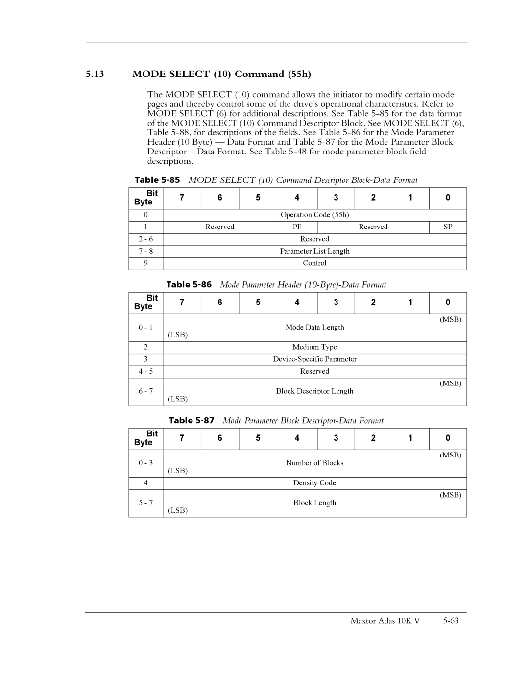 Maxtor 10K V manual Mode Select 10 Command 55h, 85MODE Select 10 Command Descriptor Block-Data Format 