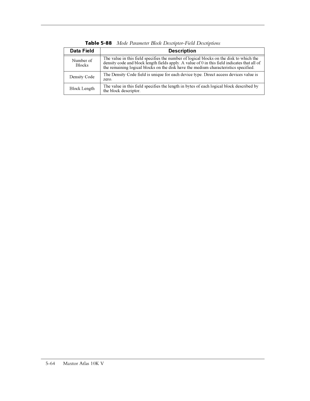 Maxtor 10K V manual 88Mode Parameter Block Descriptor-Field Descriptions, Data Field Description 