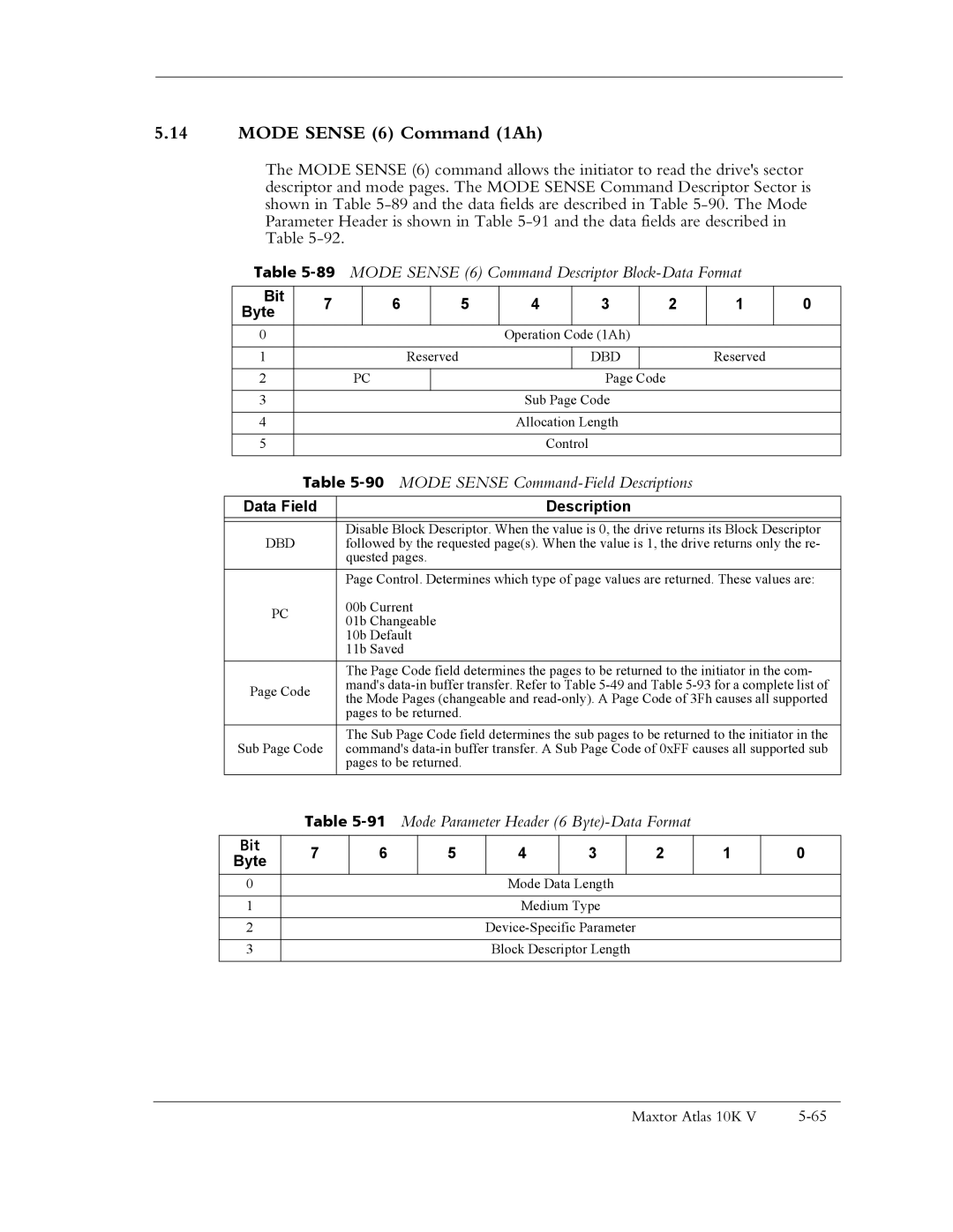 Maxtor 10K V manual Mode Sense 6 Command 1Ah, 89MODE Sense 6 Command Descriptor Block-Data Format, Dbd 