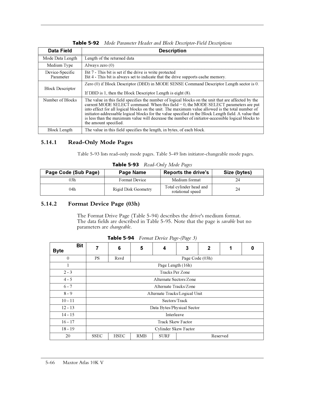 Maxtor 10K V manual Format Device Page 03h, 93Read-Only Mode Pages, 94Format Device Page-Page 