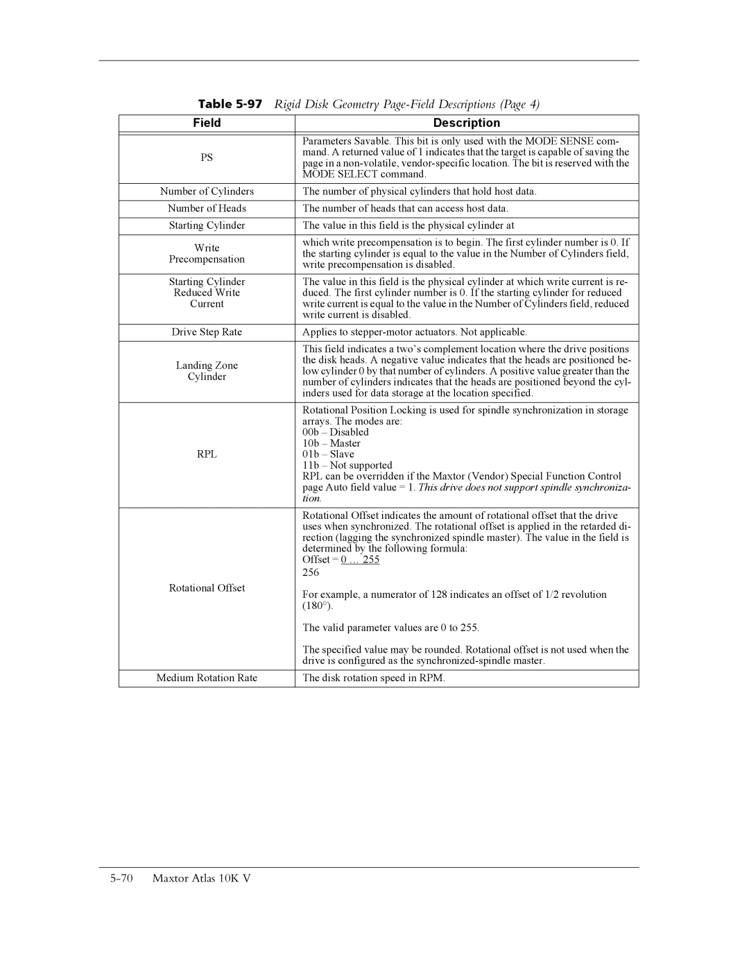 Maxtor 10K V manual 97Rigid Disk Geometry Page-Field Descriptions, Tion 