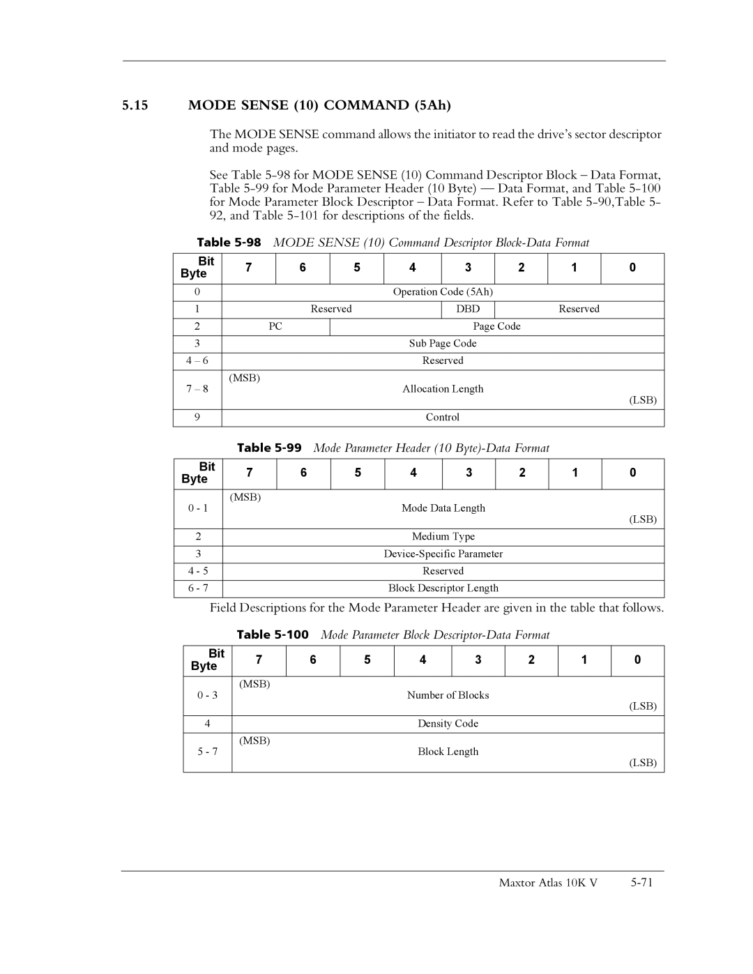 Maxtor 10K V manual Mode Sense 10 Command 5Ah, 98MODE Sense 10 Command Descriptor Block-Data Format 