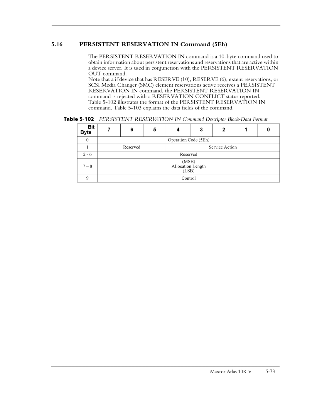 Maxtor 10K V manual Persistent Reservation in Command 5Eh 