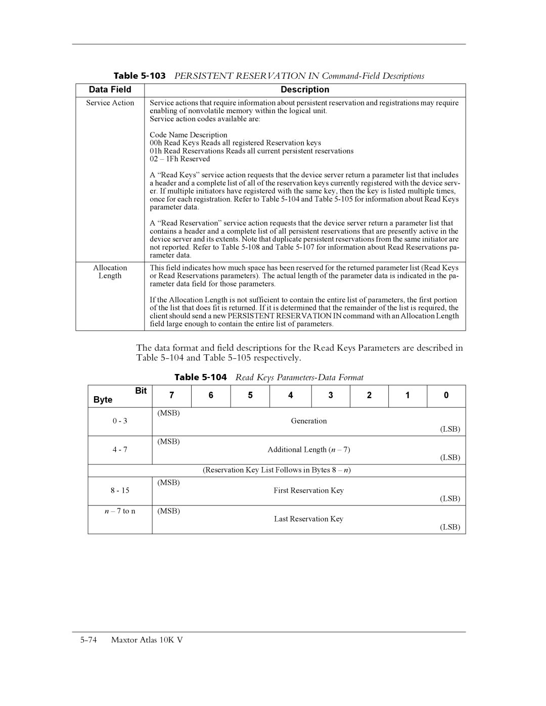 Maxtor 10K V manual 103PERSISTENT Reservation in Command-Field Descriptions, 104Read Keys Parameters-Data Format 