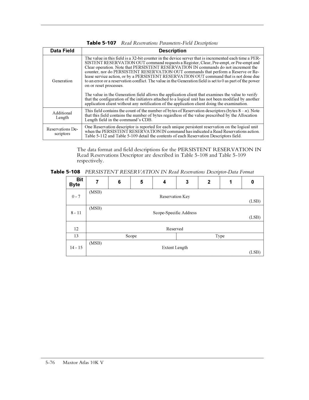 Maxtor 10K V manual 107Read Reservations Parameters-Field Descriptions 