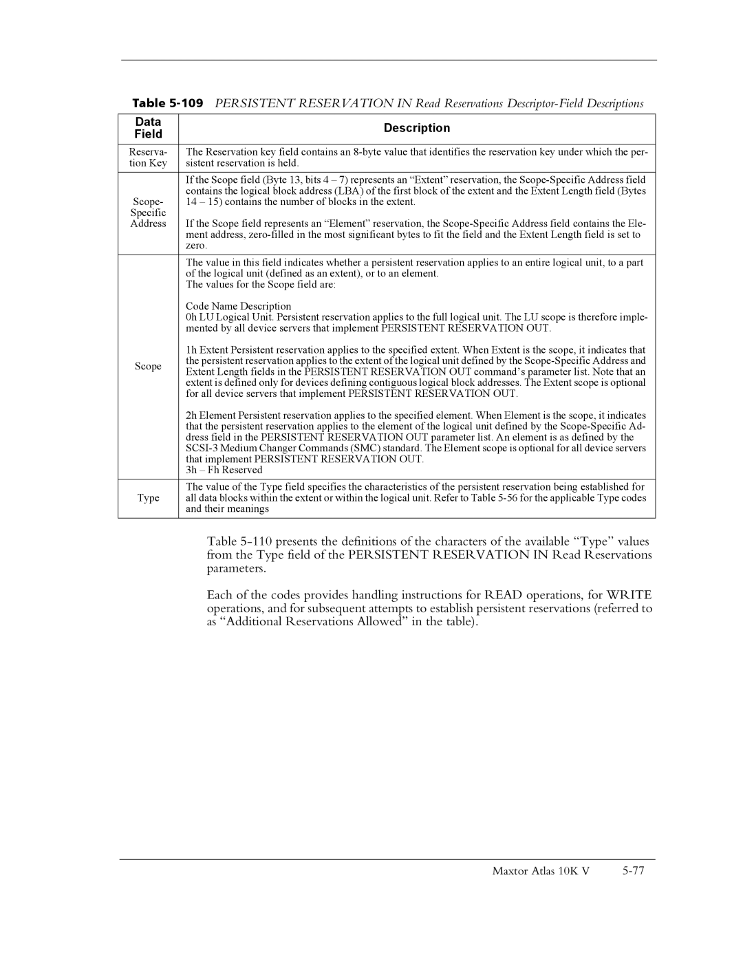 Maxtor 10K V manual Data Description Field 