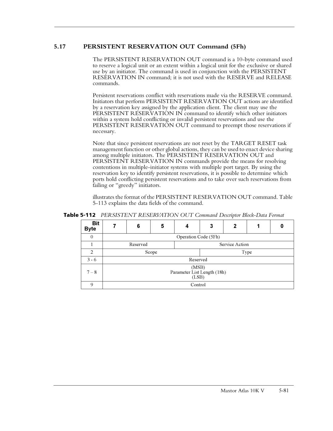 Maxtor 10K V manual Persistent Reservation OUT Command 5Fh, Bit Byte 