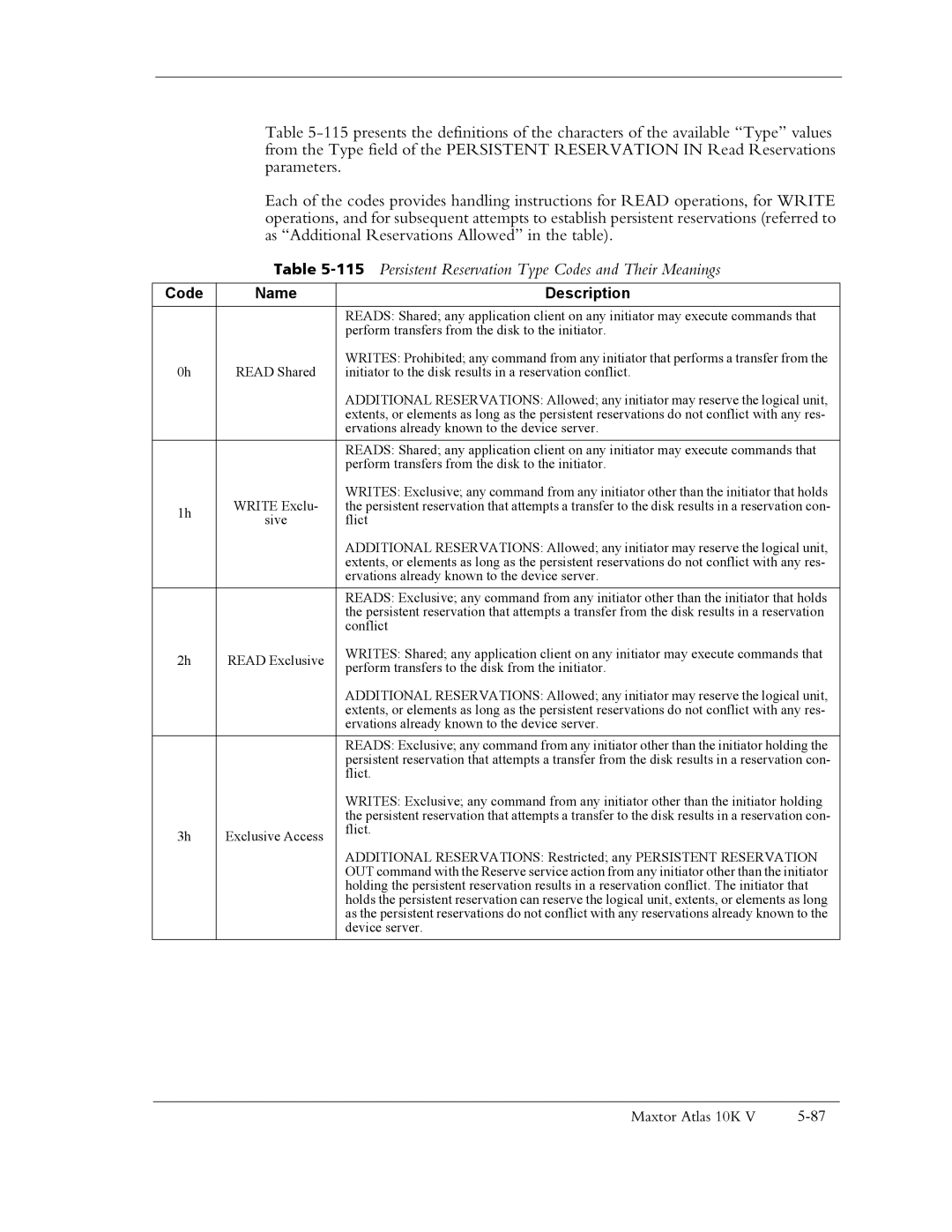 Maxtor 10K V manual 115Persistent Reservation Type Codes and Their Meanings 