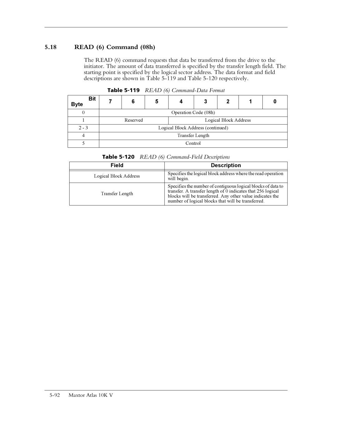 Maxtor 10K V manual Read 6 Command 08h, 119READ 6 Command-Data Format, 120READ 6 Command-Field Descriptions 