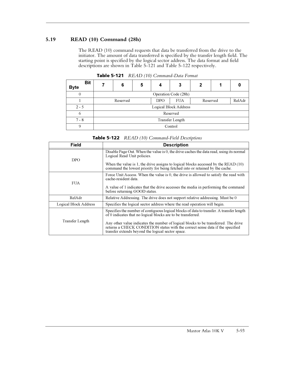 Maxtor 10K V manual Read 10 Command 28h, 121READ 10 Command-Data Format, Read 10 Command-Field Descriptions 