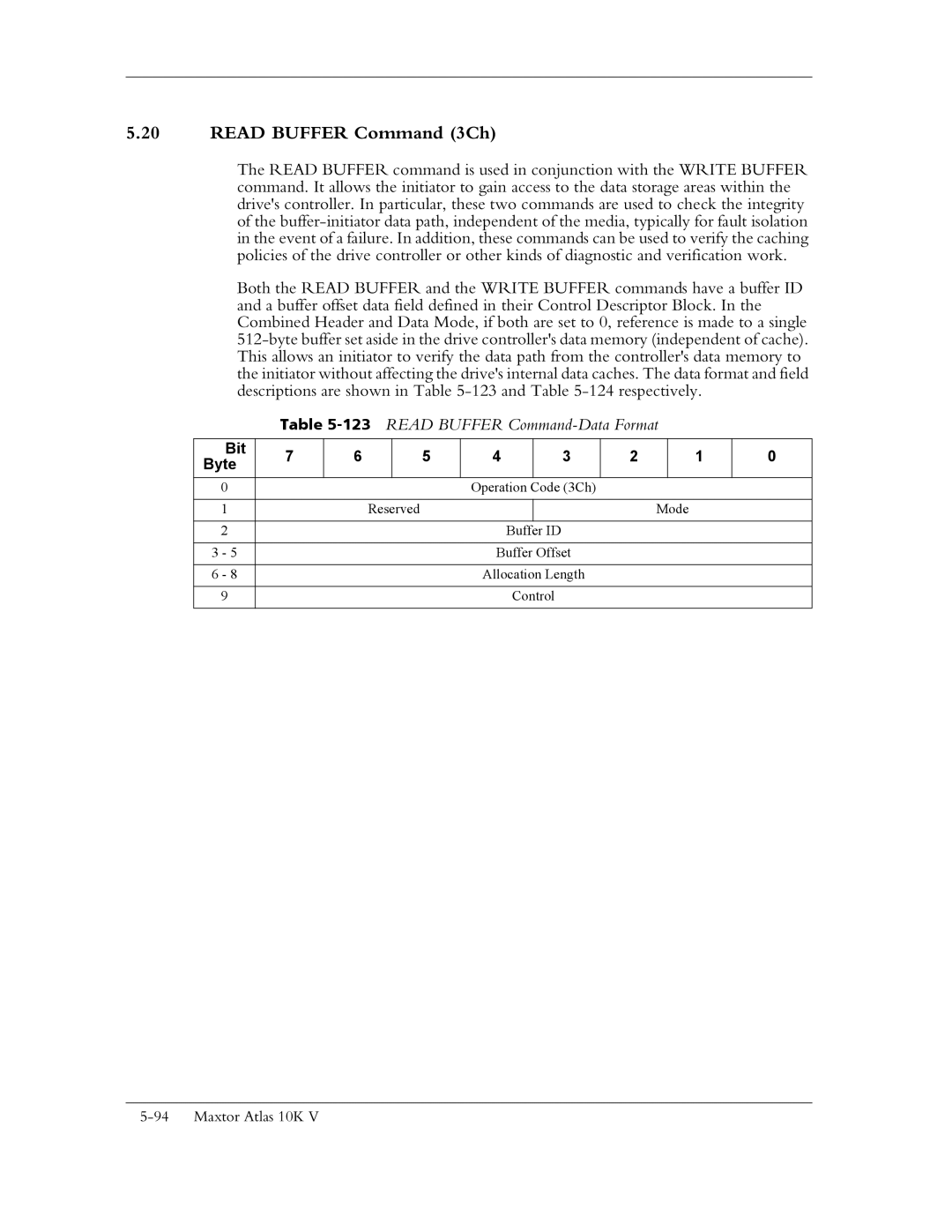 Maxtor 10K V manual Read Buffer Command 3Ch, 123READ Buffer Command-Data Format 