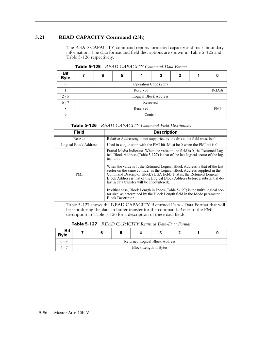 Maxtor 10K V Read Capacity Command 25h, 125READ Capacity Command-Data Format, 126READ Capacity Command-Field Descriptions 