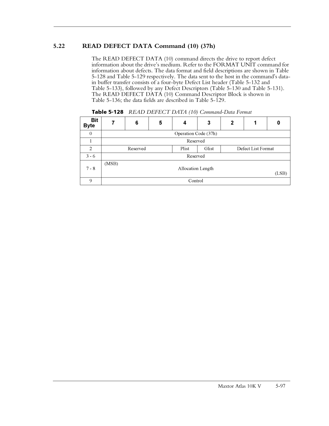 Maxtor 10K V manual Read Defect Data Command 10 37h, 128READ Defect Data 10 Command-Data Format 