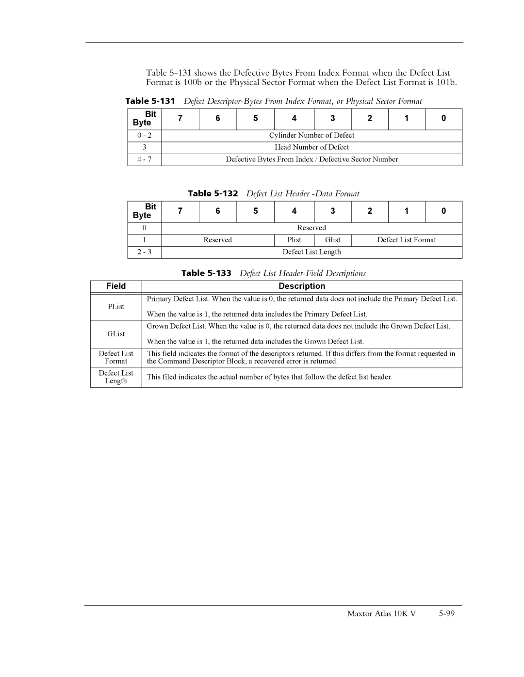 Maxtor 10K V manual 132Defect List Header -Data Format, 133Defect List Header-Field Descriptions 