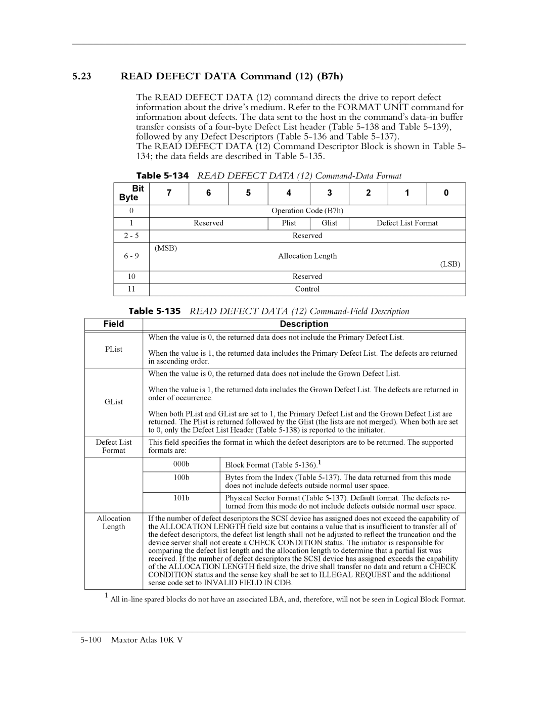 Maxtor 10K V manual Read Defect Data Command 12 B7h, 134READ Defect Data 12 Command-Data Format 