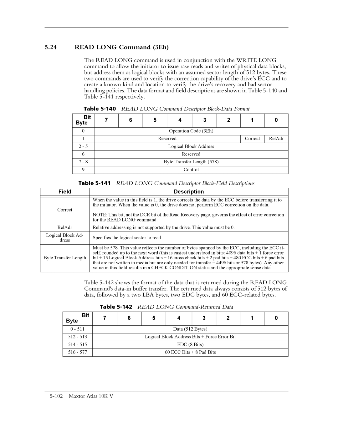 Maxtor 10K V Read Long Command 3Eh, 140READ Long Command Descriptor Block-Data Format, 142READ Long Command-Returned Data 