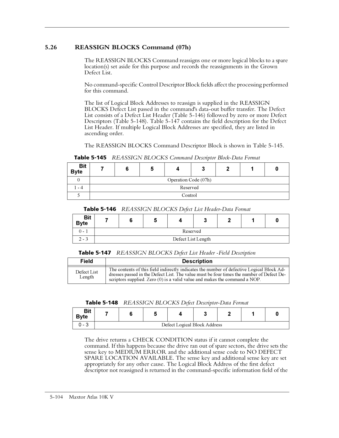 Maxtor 10K V manual Reassign Blocks Command 07h, 145REASSIGN Blocks Command Descriptor Block-Data Format 