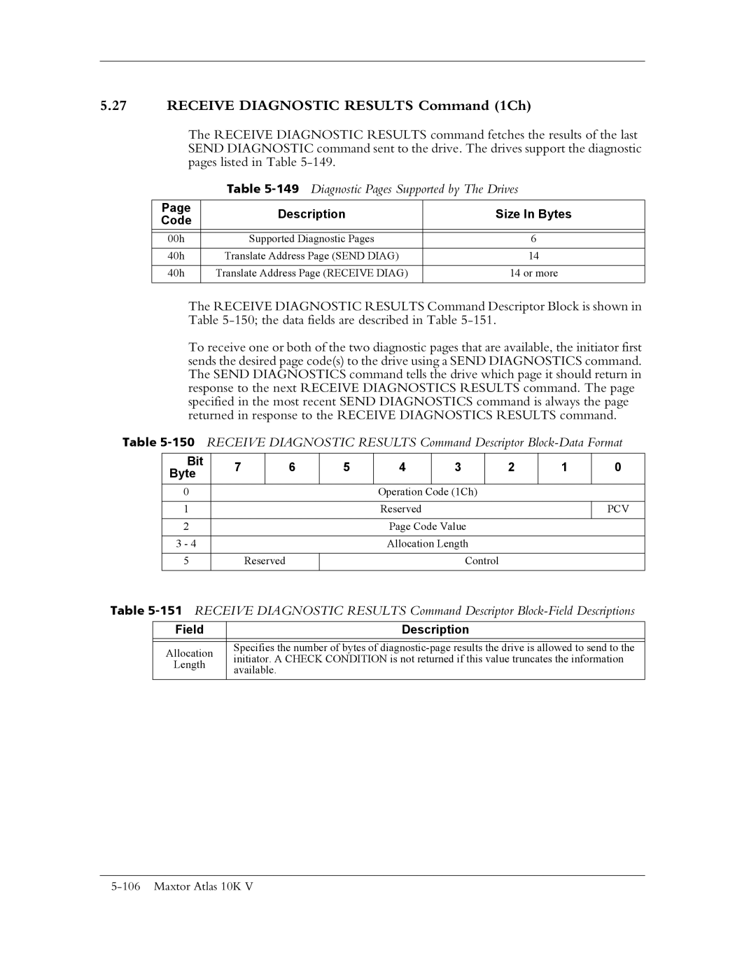 Maxtor 10K V manual Receive Diagnostic Results Command 1Ch, 149Diagnostic Pages Supported by The Drives, Pcv 