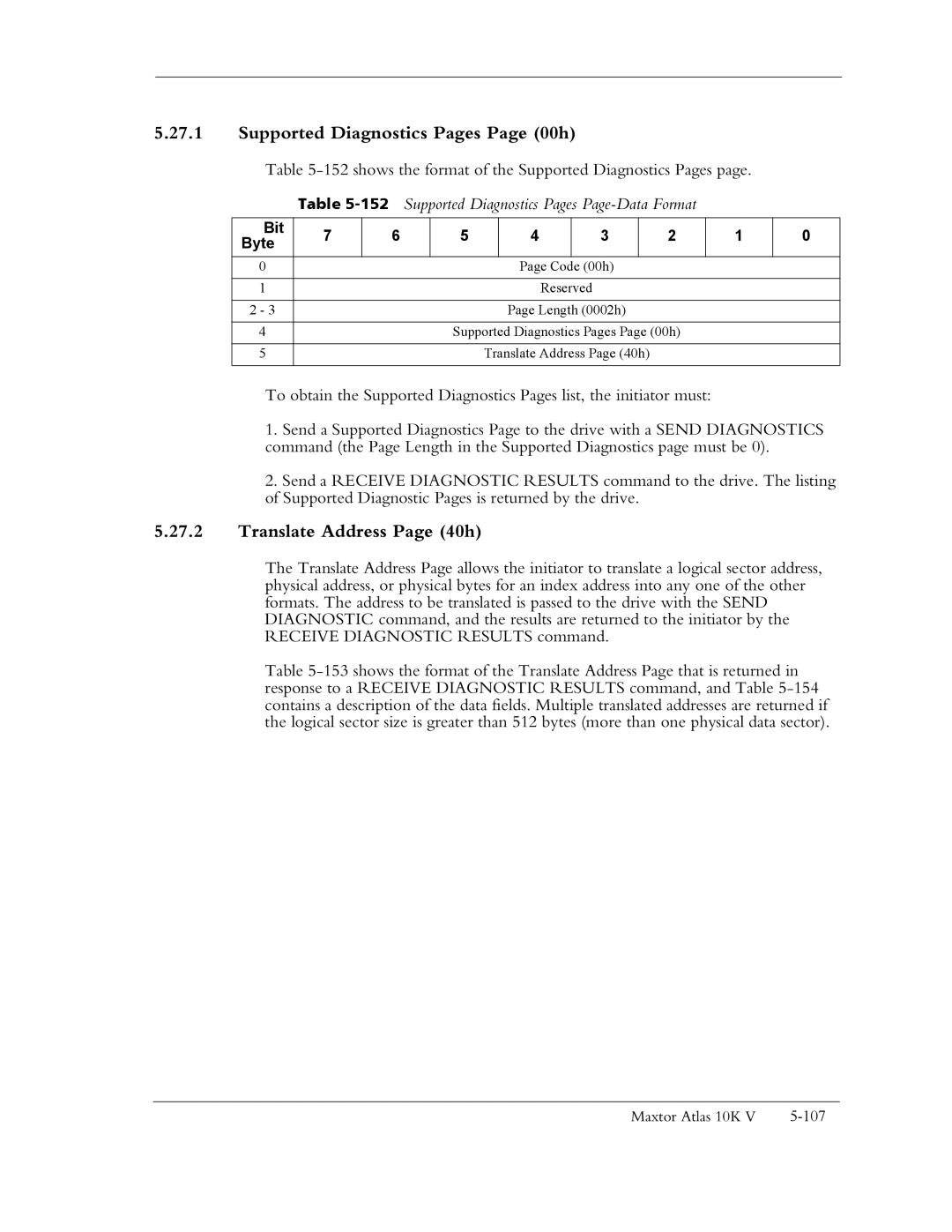 Maxtor 10K V manual Supported Diagnostics Pages Page 00h, Translate Address Page 40h 