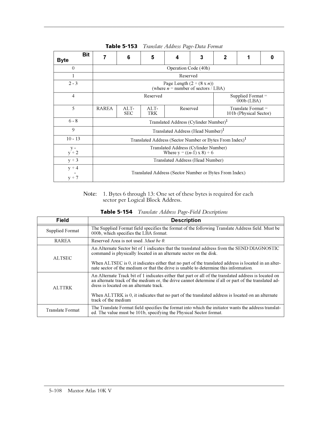 Maxtor 10K V manual 153Translate Address Page-Data Format, 154Translate Address Page-Field Descriptions 