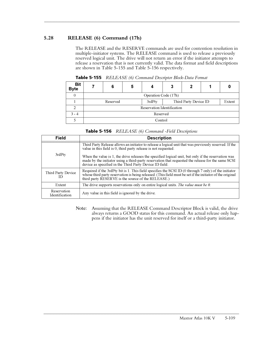 Maxtor 10K V manual Release 6 Command 17h, 155RELEASE 6 Command Descriptor Block-Data Format 