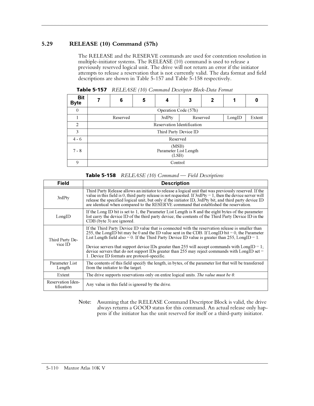 Maxtor 10K V manual Release 10 Command 57h, 157RELEASE 10 Command Descriptor Block-Data Format 