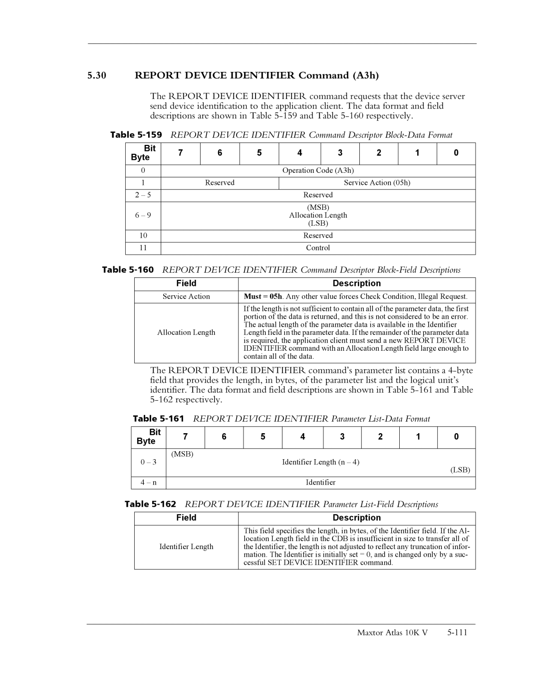 Maxtor 10K V manual Report Device Identifier Command A3h, 161REPORT Device Identifier Parameter List-Data Format 