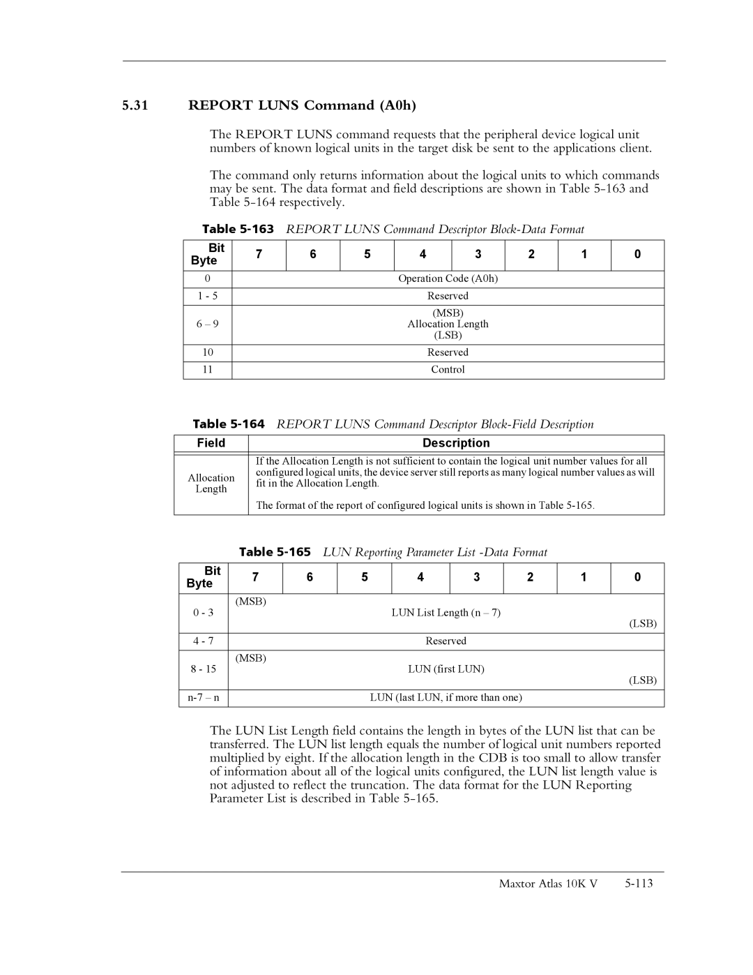 Maxtor 10K V manual Report Luns Command A0h, 163REPORT Luns Command Descriptor Block-Data Format 