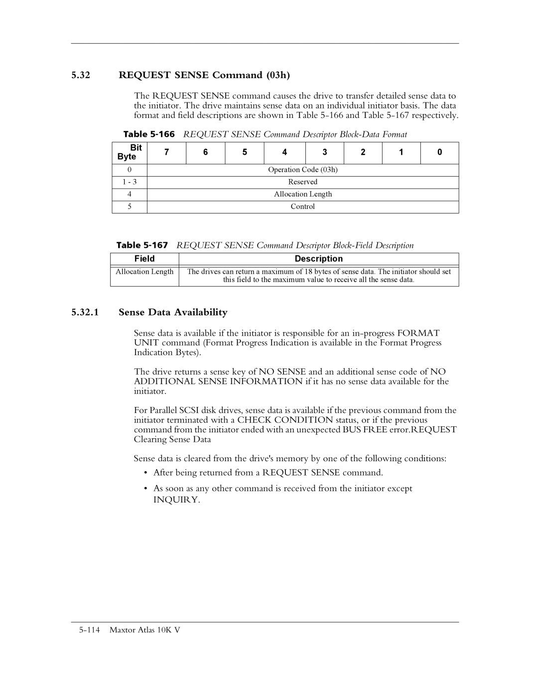 Maxtor 10K V Request Sense Command 03h, Sense Data Availability, 166REQUEST Sense Command Descriptor Block-Data Format 