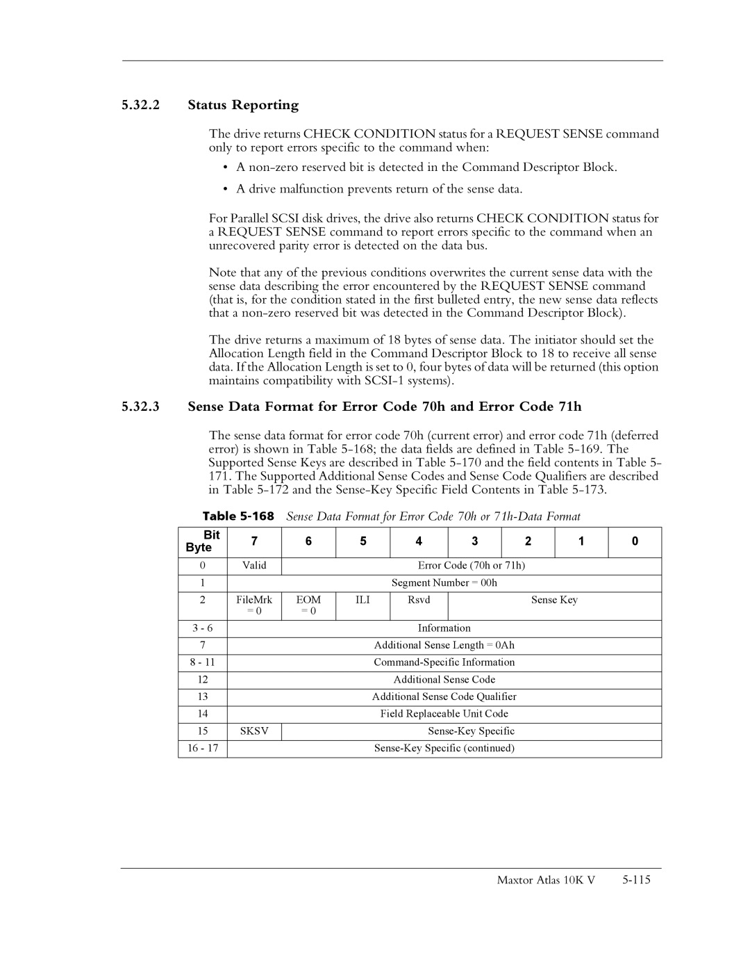 Maxtor 10K V manual Status Reporting, Sense Data Format for Error Code 70h and Error Code 71h, Eom Ili, Sksv 