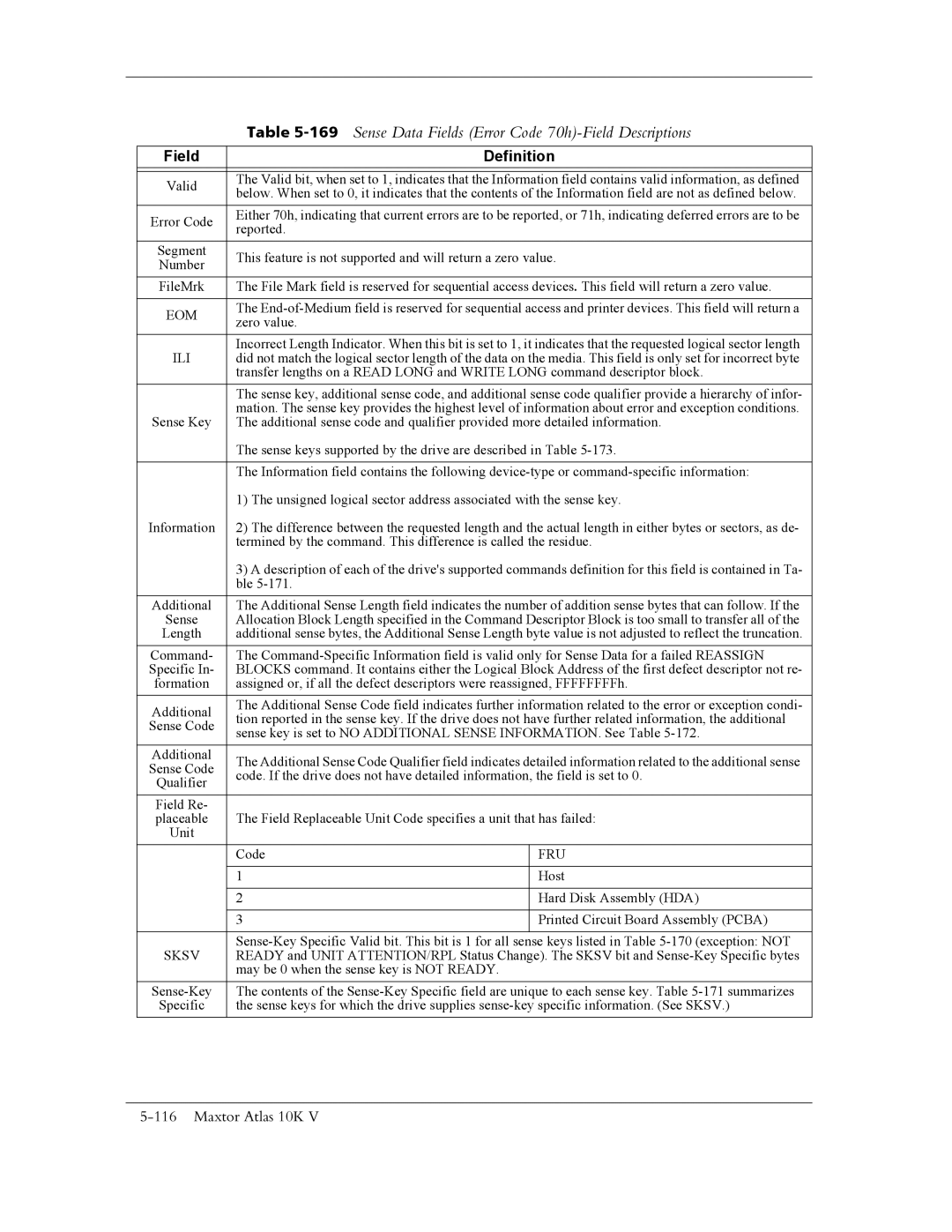 Maxtor 10K V manual 169Sense Data Fields Error Code 70h-Field Descriptions, Fru 