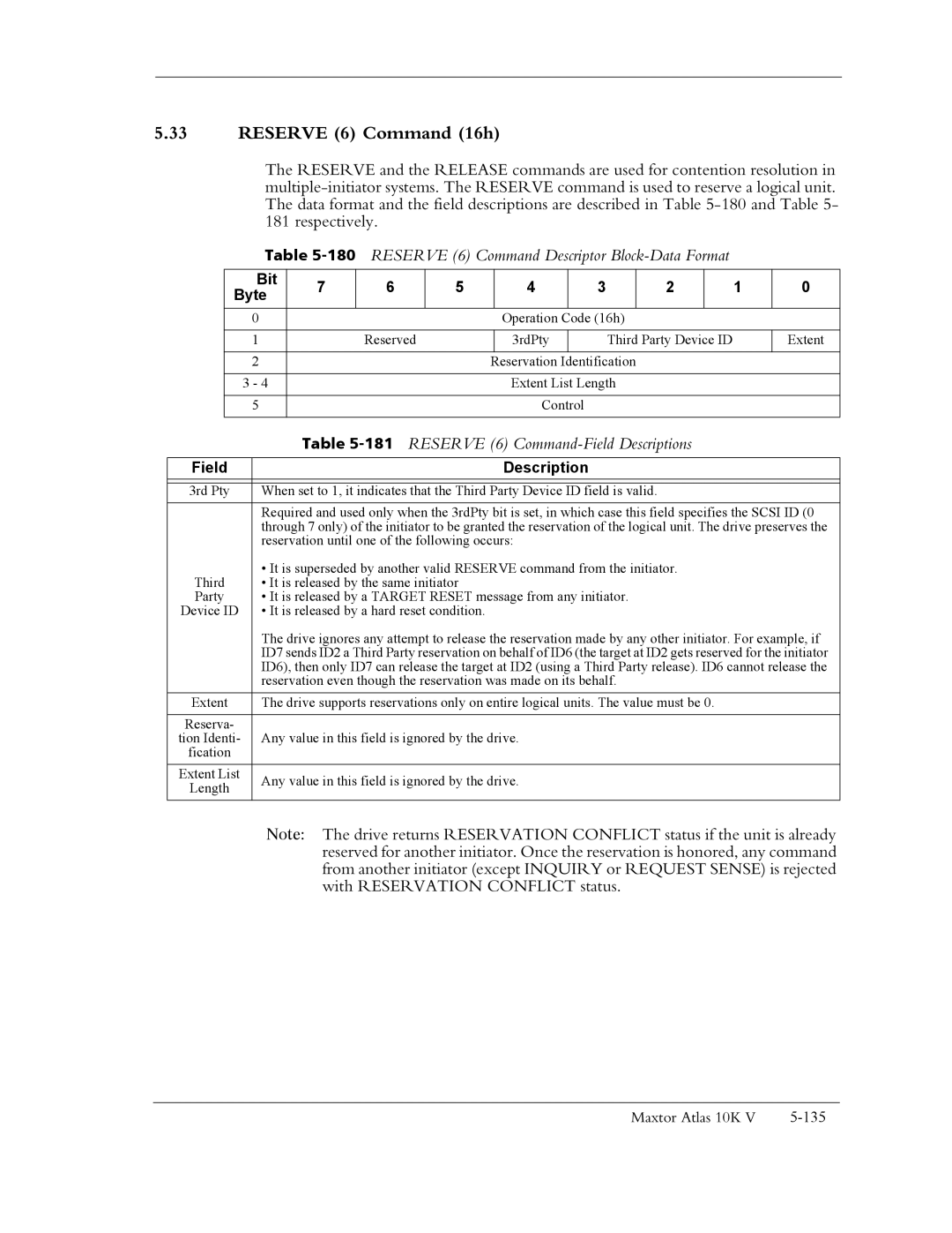 Maxtor 10K V manual Reserve 6 Command 16h, 180RESERVE 6 Command Descriptor Block-Data Format 