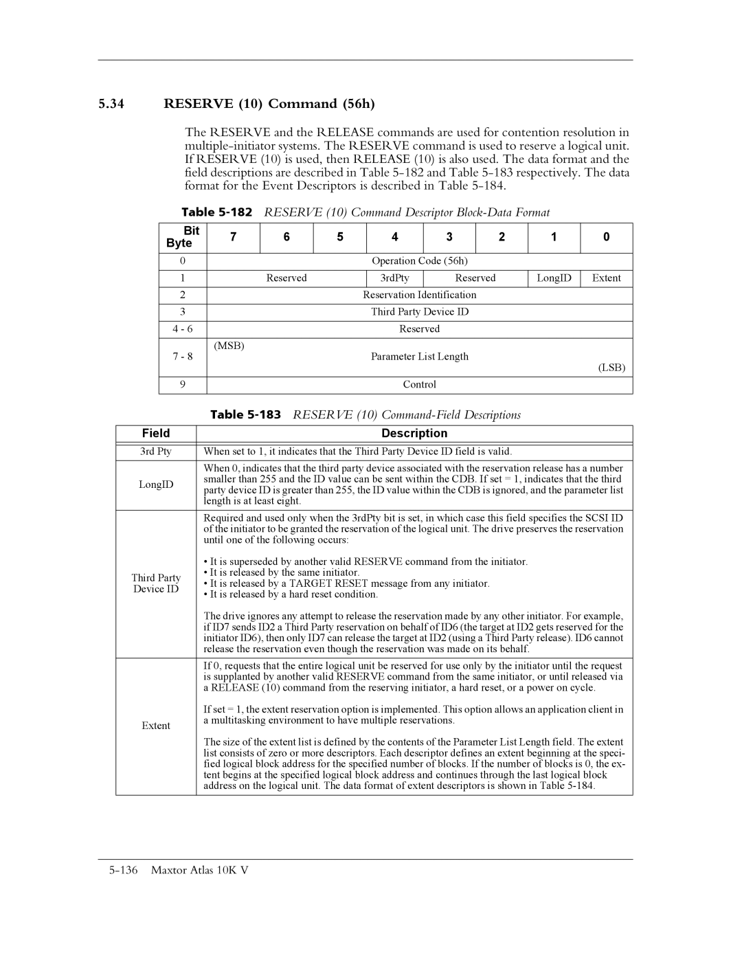 Maxtor 10K V manual Reserve 10 Command 56h, 182RESERVE 10 Command Descriptor Block-Data Format 