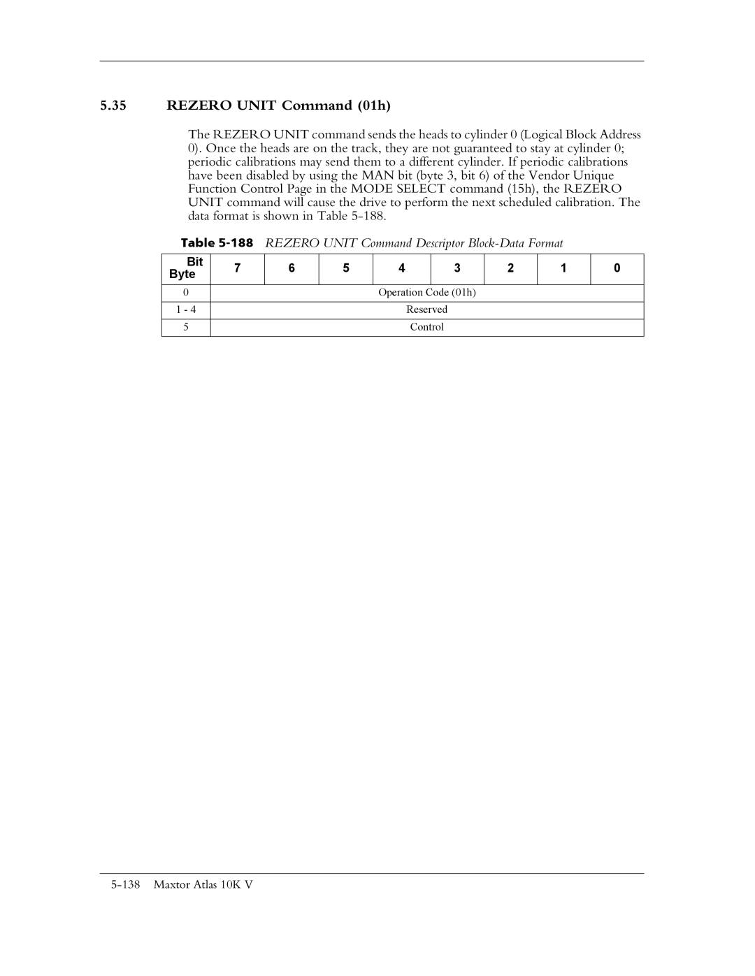 Maxtor 10K V manual Rezero Unit Command 01h, 188REZERO Unit Command Descriptor Block-Data Format 