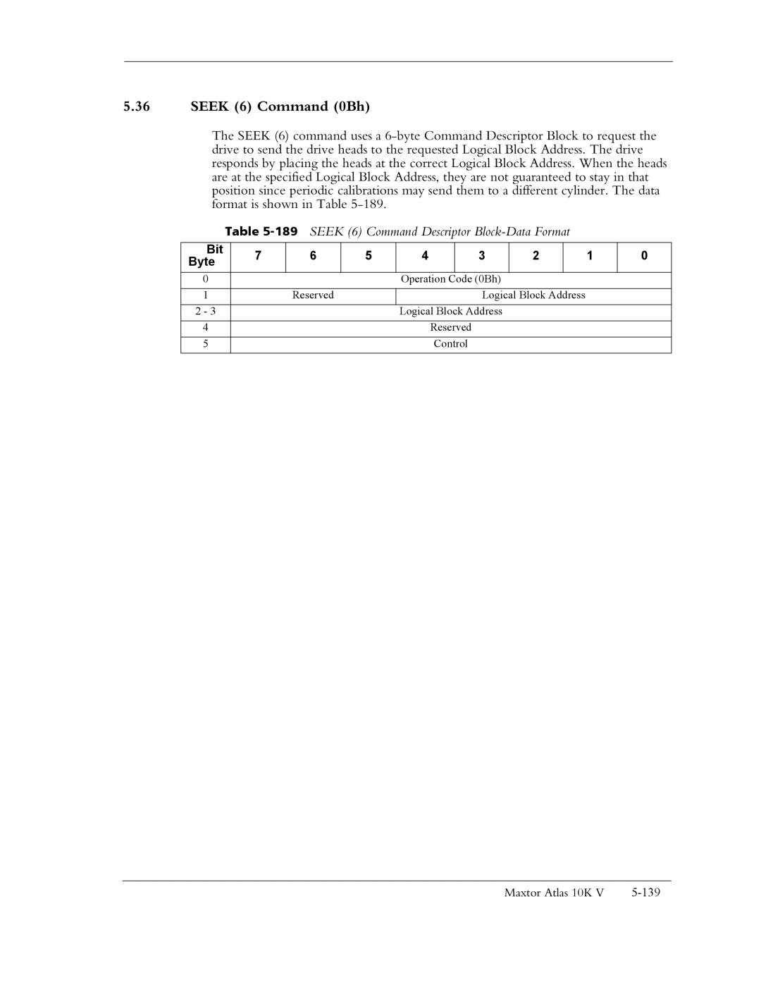 Maxtor 10K V manual Seek 6 Command 0Bh, 189SEEK 6 Command Descriptor Block-Data Format 