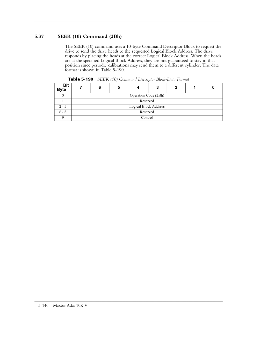 Maxtor 10K V manual Seek 10 Command 2Bh, 190SEEK 10 Command Descriptor Block-Data Format 