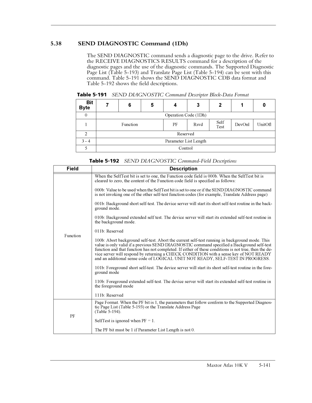 Maxtor 10K V manual Send Diagnostic Command 1Dh, 191SEND Diagnostic Command Descriptor Block-Data Format 