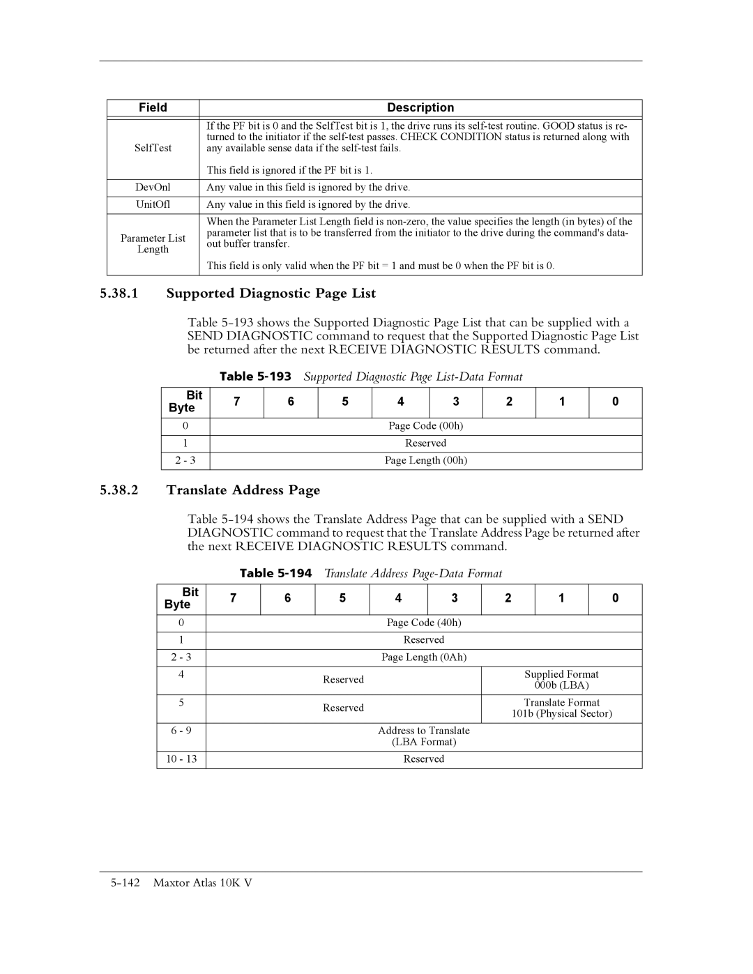 Maxtor 10K V manual 193Supported Diagnostic Page List-Data Format, 194Translate Address Page-Data Format 