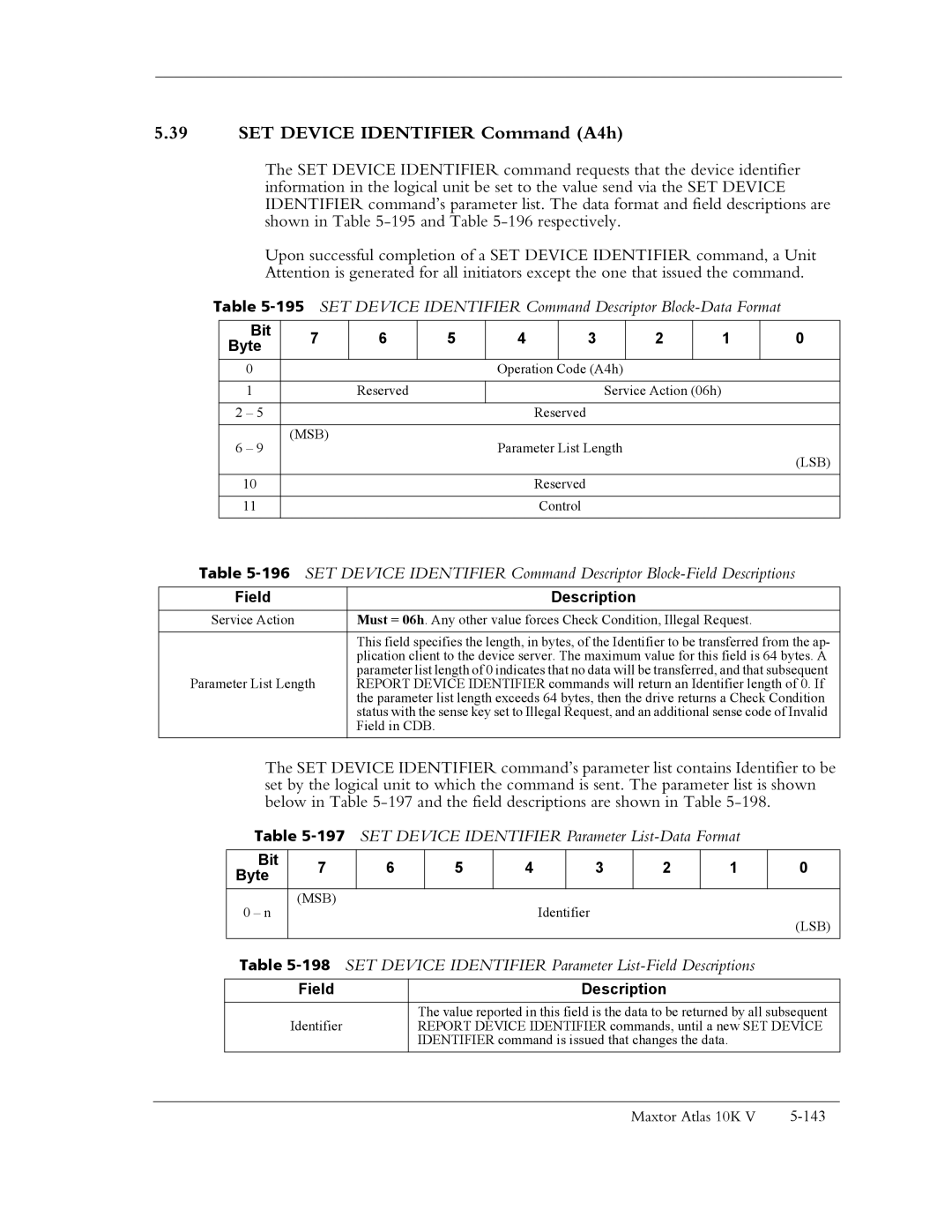 Maxtor 10K V manual SET Device Identifier Command A4h, 197SET Device Identifier Parameter List-Data Format 